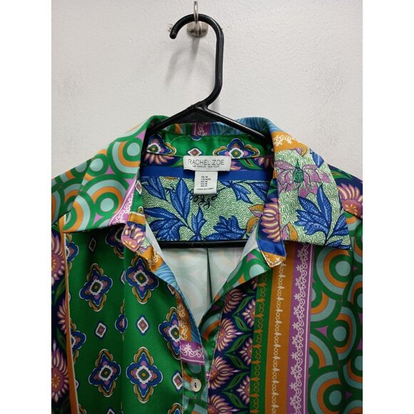 Rachel Zoe BOHO Top Womens Medium Floral Patchwork Satin Button Up Long Sleeve - Picture 2 of 11